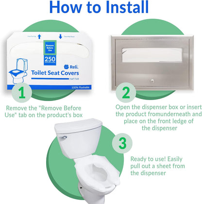 Reli. Toilet Seat Covers (2000 Pcs, 8 Packs of 250) | Disposable Toilet Seat Cover - Flushable - 14x16" (Half-Fold) | Paper Liners for Restroom, Bathroom, Travel, Camping, Kids Potty Training
