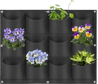 12 Pockets Hanging Planter Bags, Hanging Vertical Wall Mounted Plant Planting Grow Bags, Herb Garden Planter Outdoor Indoor Growing Bag, Gardening Vertical Greening Flower Container(0.6m×0.8m, Black)