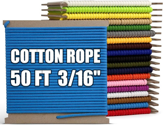 PerkHomy 500lb Cotton Rope 3/16" (5mm) 50 ft Multi Purpose Utility Diamond Braided Cord, Natural Cotton for Clothes Line Camping Crafting Flag Pole, Sky Blue