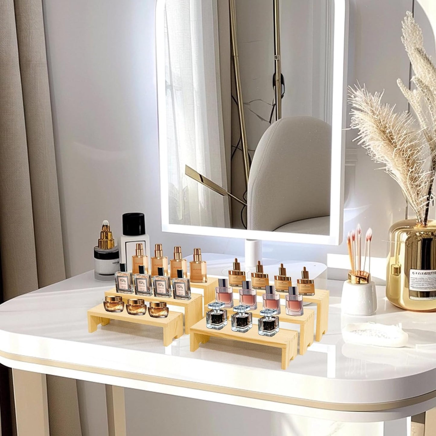 Display Wood Risers Wooden Stand 3 Tier Wood Racks Decorative Rectangular, 2 Set 6 Piece Cupcake Stands Cologne Perfume Organizer Dessert Showcase(Nature)