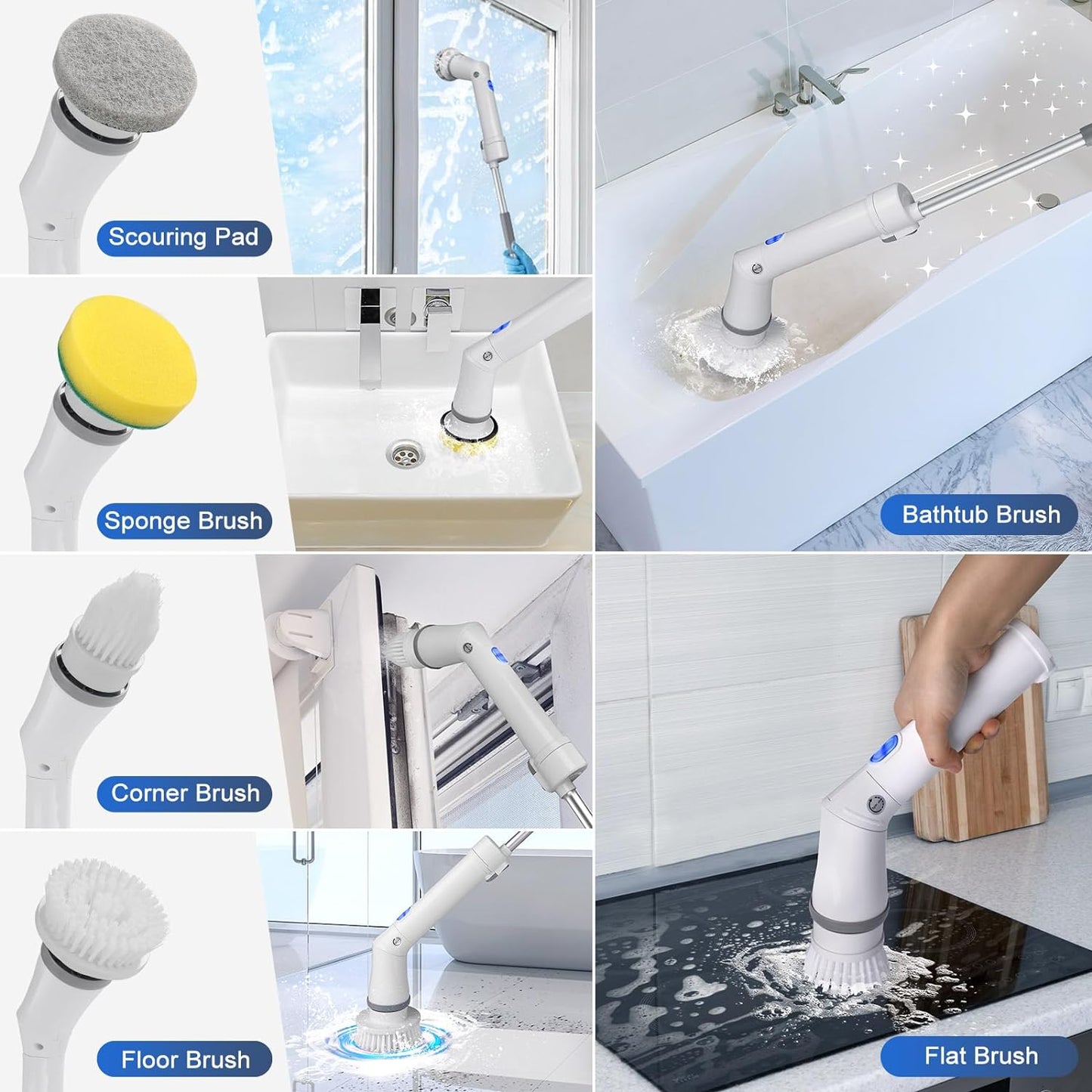 Qimedo Handheld Spin Scrubber with Extended Long Handle, Rechargeable Electric Scrubber for Cleaning, Cordless Power Dish Scrubber with 6 Brushes for Bathtub Grout Tile Floor