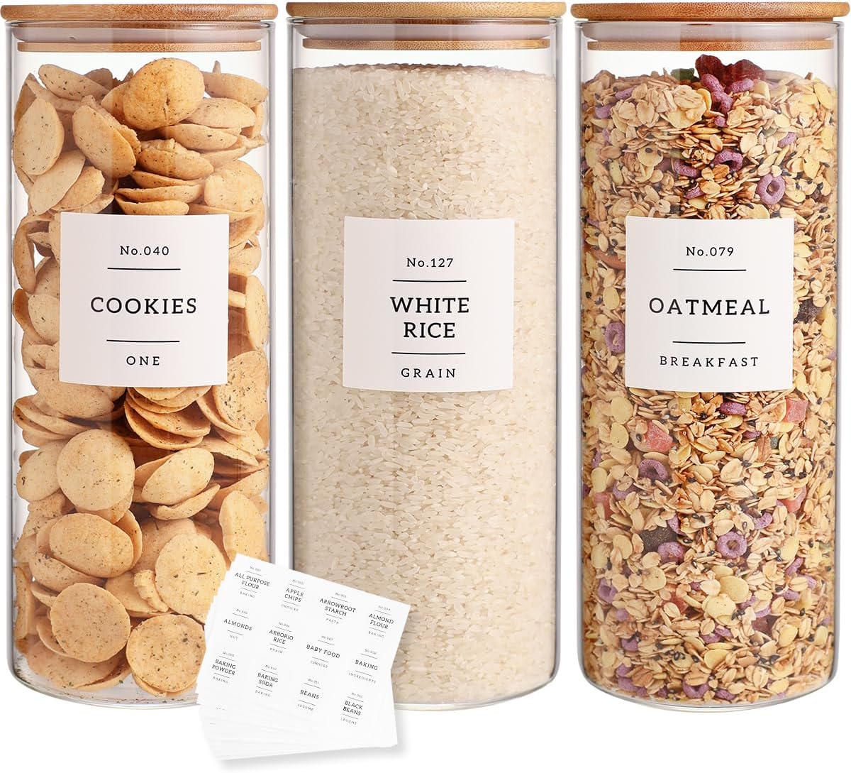 3 Pack Glass Jar with Airtight Bamboo Lid and White 132 Kichen Pantry Labels Preprinted - 56 Oz Clear Tall Glass Food Storage Containers set For Pasta Flour Cookie Rice