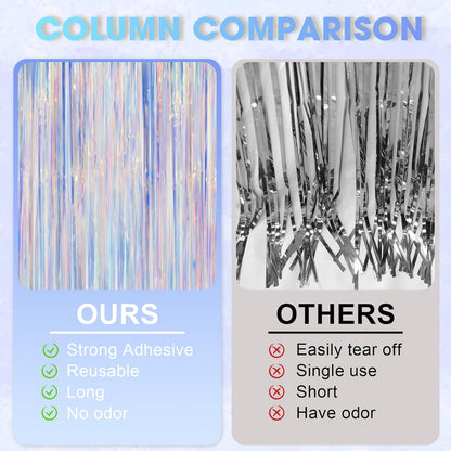 Iridescent Party Backdrop 3Packs Transparent Tinsel Foil Fringe Curtain for Frozen Mermaid Sea Birthday Party Decorations, 3.3x8.2ft Streamers Backdrops