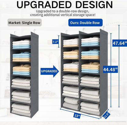 Dual-Row 6 Tier Shelf Hanging Closet Organizer and Storage, 12 Pockets Clothes Storage Shelves with 3 Sturdy Hooks for Clothing Organization, Dorm Room Essentials for Girls, Foldable, Grey