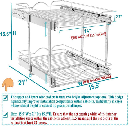 OCG 2 Tier Pull Out Cabinet Organizer (15.5" W x 21" D), Pull Out Drawers for Kitchen Cabinets, Pull Out Shelves for Base Cabinet Organization in Kitchen Bathroom Pantry, Chrome Finish
