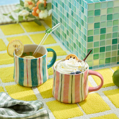 Striped Ceramic Coffee Mugs Set - 2 Pack, Pink & Green，Perfect for Morning Brew or Tea and Cocoa - for Coffee Lovers