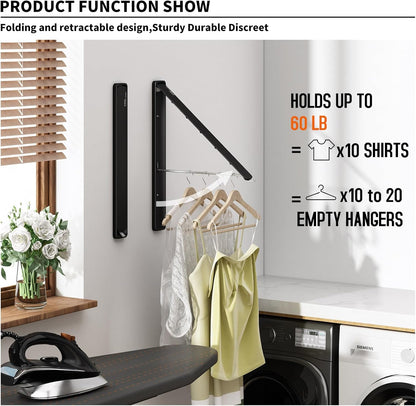 Clothes Drying Rack for Laundry Drying Rack Wall Mounted Clothes Hanger Rack Retractable Laundry Hanger Dryer Rack Space Saving Closet Organizer Aluminium (Black)