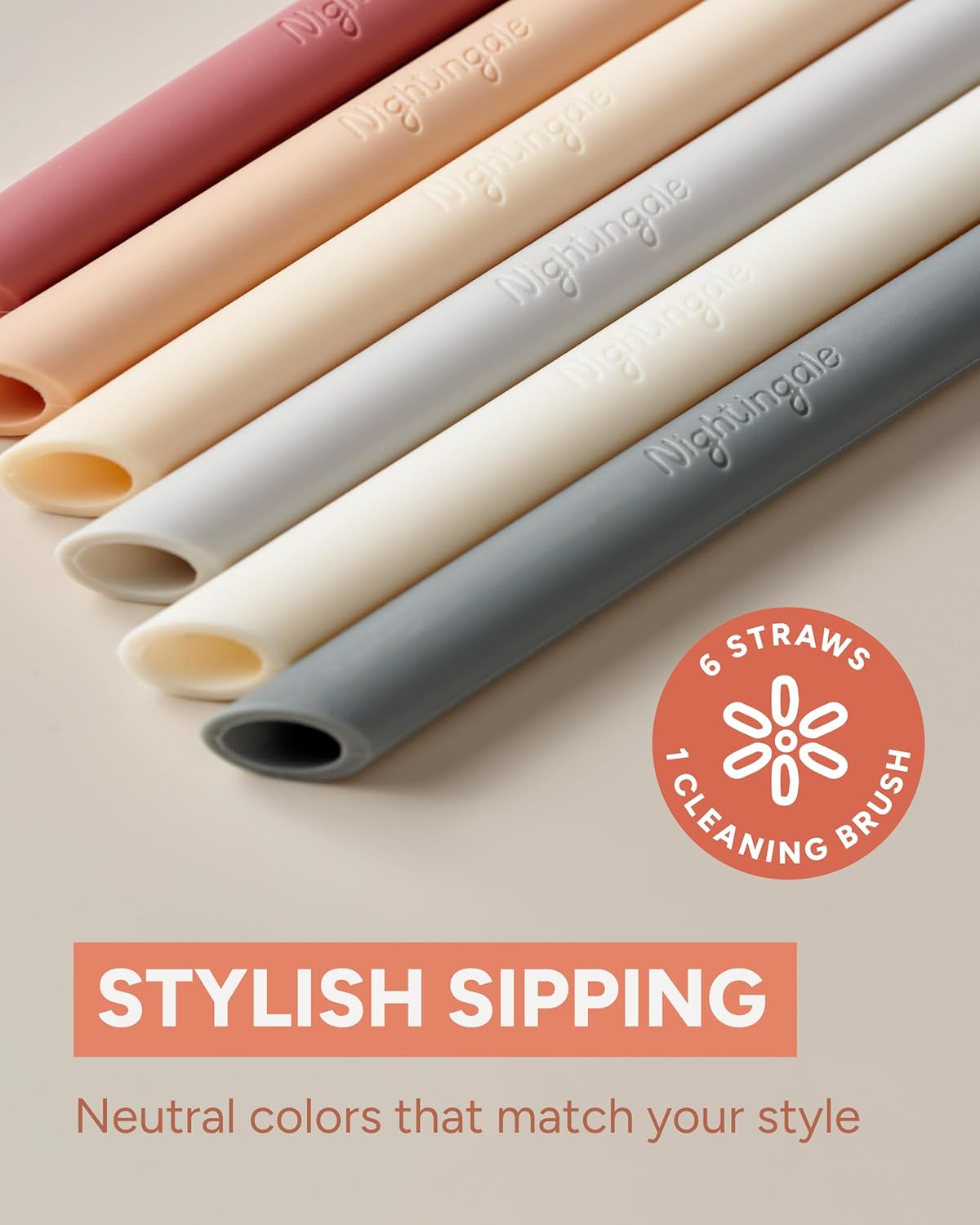 Nightingale 14” Silicone Tumbler Straws - Compatible with Stanley 40 oz cup - Reusable Flexible Long Bendy Drinking Straw with Cleaning Brush for Tall Tumblers - Food-Safe - Set of 6 Oak