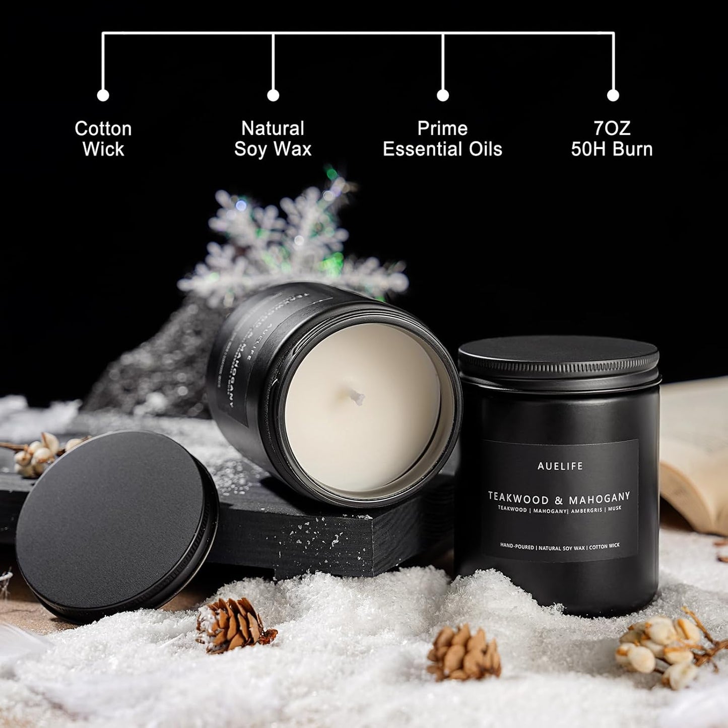 2 Pack Teakwood & Mahogany Candle | Scented Candles for Men, Man Gifts for Men - Masculine Candles - Soy Candle for Home Scented - 7oz Black Jar, Long Lasting