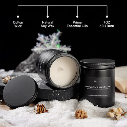 2 Pack Teakwood & Mahogany Candle | Scented Candles for Men, Man Gifts for Men - Masculine Candles - Soy Candle for Home Scented - 7oz Black Jar, Long Lasting