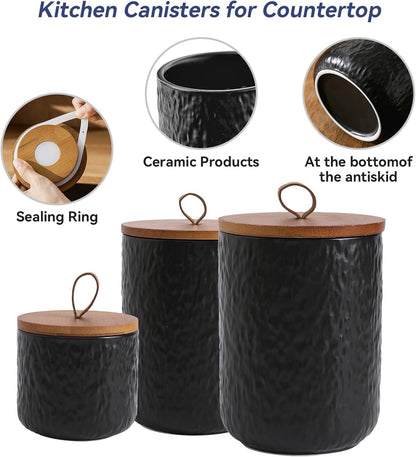 Kitchen Canisters for Countertop, Ceramic Coffee Canisters with Airtight Lids Food Storage Jars Sugar Container for Kitchen Counter Tea, Coffee Beans, Spice (#001Black-Set of 3)