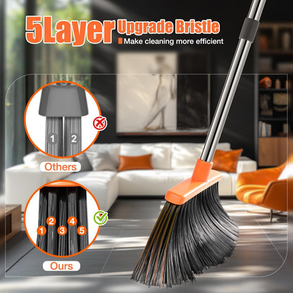 Broom and Dustpan Set, Upgraded Broom with Dustpan Combo Set with 56" Tall Adjustable Handle, Self-Cleaning Teeth, Upright Standing Dust Pan for Heavy Duty Indoor Outdoor Cleaning and Pet Hair