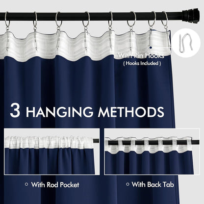 MIULEE Navy Blue Back Tab Blackout Curtains 72 Inches Long 2 Panels Set for Living Room Bedroom Privacy, Rod Pocket/Pinch Pleat Thermal Insulated Room Darkening Pleated Light Blocking Drapes