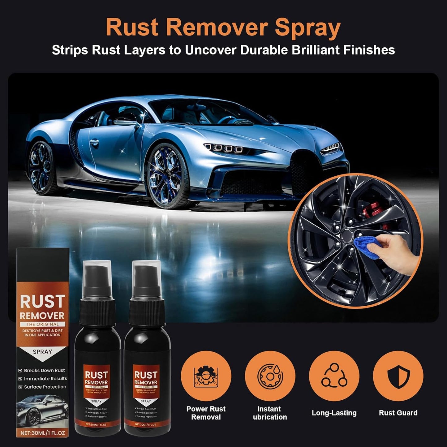2 Pack Rust Remover Spray for Metal - 2025 Upgrade Heavy Duty Metal Cleaner for Vehicles, Tools, Chains, Iron Out Rust Stain Remover, Multi-Surface Cleaner, Fast-Acting Oxidation Remover