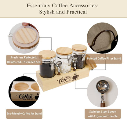 Glass Coffee Canister Set with Shelf & Spoons 3 Piece Coffee Containers for Ground Coffee Coffee Bean Storage Airtight Seal, Coffee Bar Coffee Filter Holder for Kitchen Organization