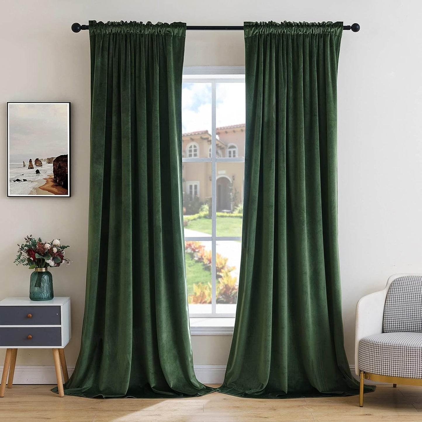 MIULEE Olive Green Velvet Curtains Thermal Insulated Blackout Curtain Drapes for Bedroom Living Room Darkening 105 Inches Long Curtains Panels Rod Pocket Set of 2