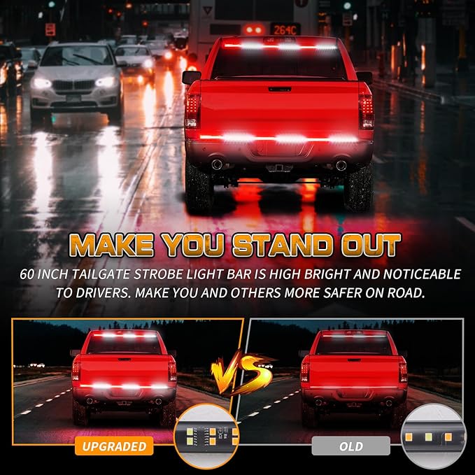 XRIDONSEN 48 inch Truck Tailgate Emergency Lights Strip 288 LED Tail/Rear Window Strobe Light Red White Flashing Warning Hazard Safety Fire Fighter Lights for Vehicles Trucks Pickup POV