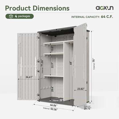 Aoxun 64 Cu.Ft Outdoor Storage Shed with Shelving Kit and Floor, Waterproof Horizontal Resin Cabinet for Trash Cans, Lawn Mowers, Generators, and Garden Tools