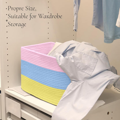 Hopegiver Woven Storage Baskets 15x11x10 Inch, 3 Pack Collapsible Cube Storage Bin for Shelves - Foldable Cotton Rope Organizer Bins for Towels, Toys, Books, Closet, Nursery (Pink Blue Yellow)