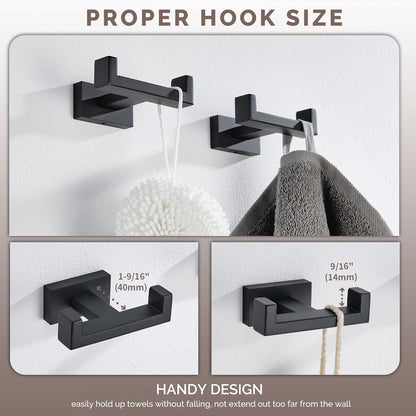 Angle Simple Bathroom Towel Hooks, Stainless Steel Shower Double Robe Coat Hooks for Wall, Matte Black, 2 Pack