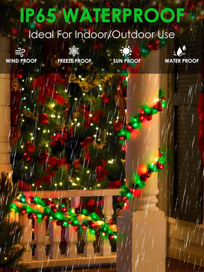 Red Green Solar Christmas Lights Outdoor Decorations Waterproof, Tatal 4 Pack 400LED 132FT Solar String Lights Green Wire with 8 Modes, Christmas Fairy Light for Xmas Tree Party Wedding Garden Decor