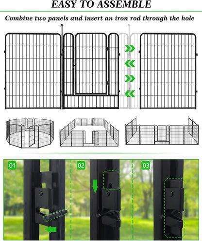 Decorative Black Metal Fencing Garden Fence with Gate, 72ft(L) 40in(H) 32 Fence Panels No Dig Fence Rustproof Animal Barrier Fence Temporary Dog Panels Fencing Outdoor