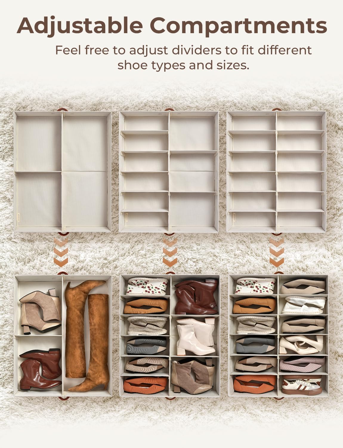 StorageWorks Shoe Organizer Under Bed for Closet, 2-Pack Ultra-thick Fabric Shoe Storage Containers with Bottom Support and Adjustable Dividers, Fits up to 24 Pairs, Beige