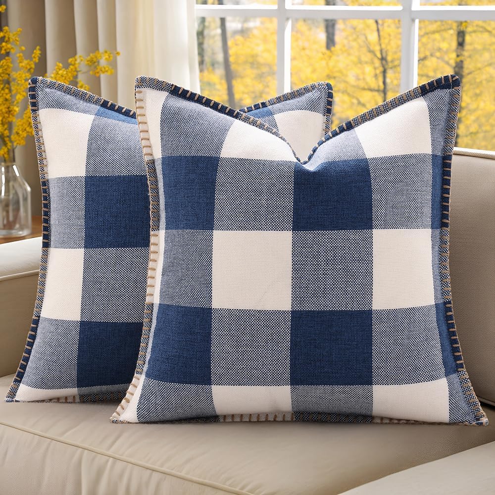 decorUhome Buffalo Plaid Check Throw Pillow Covers 24x24 Set of 2, Outdoor Decorative Farmhouse Neutral Pillow Covers with Stitched Edge for Bed Couch Sofa, Navy Blue and White
