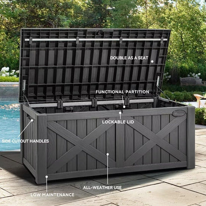 YITAHOME 120 Gallon Large Deck Box with X-Shaped Front, Resin Outdoor Storage Boxes, Waterproof Cushion Storage Bench for Patio, Pool Supplies, Garden Tools - Lockable, Dark Gray