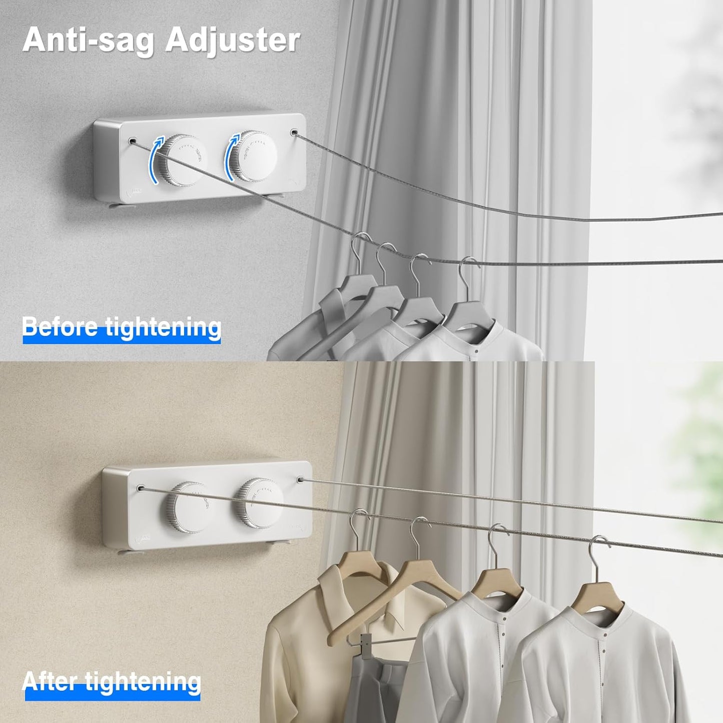 Retractable Twin Clothesline Indoor, Non-Sagging Outdoor Clothes Line Retracting Heavy Duty Clothes Drying Laundry Line Wall Mounted Stainless Steel Line-13.8Feets(Double Line-White)