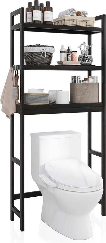 SMIBUY Bathroom Storage Shelf, Bamboo Over-The-Toilet Organizer Rack, Freestanding Toilet Space Saver with 3-Tier Adjustable Shelves (Black)