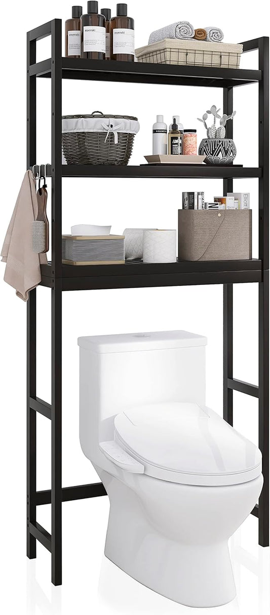 SMIBUY Bathroom Storage Shelf, Bamboo Over-The-Toilet Organizer Rack, Freestanding Toilet Space Saver with 3-Tier Adjustable Shelves (Black)