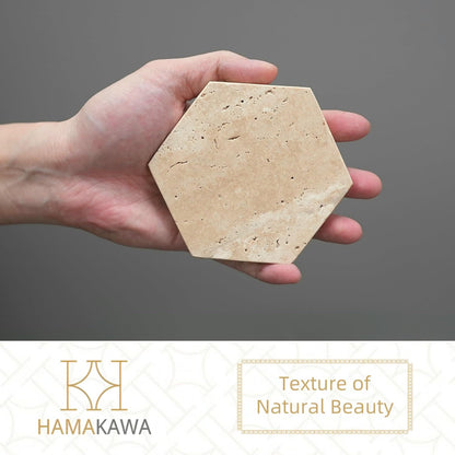Real Natural Marble Coasters Set of 4, Vintage Stone Coasters 4 Inch, Hexagon Travertine Drink Coaster for Coffee Table, Living Room, Office Decor