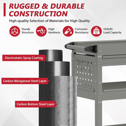 3 Tier Rolling Tool Cart on Wheels, Heavy Duty Industrial Utility Cart Service Cart with Drawer and Screwdriver Rack Pegboard, 550 LBS Mobile Tool Storage Organizer for Workshop, Garage(Gray)