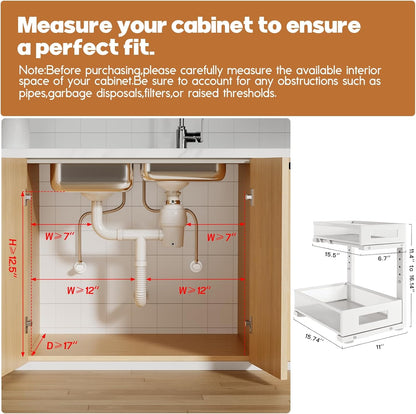 1 Pack-11.4"-16.14"H Under Sink Storage Organizer, Large 2-Tier Elegant Mesh Pull Out Shelf for Kitchen and Bathroom Cabinet Organization, L-Shaped and Adjustable Height Design for Maximum Space-White