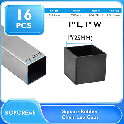 16 Pcs 1" x 1" Square Rubber Chair Leg Caps, PVC Table Leg Covers, Flexible & Anti-Slip Furniture Leg End Caps, Chair Leg Floor Protectors for Bar Stool Leg Patio Indoor, Black