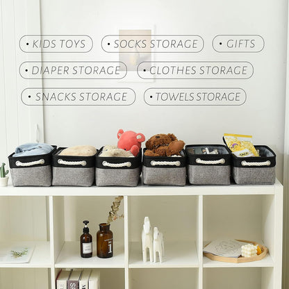 TcaFmac Storage Basket for Shelves - Small 6 Pack Fabric Storage Bins for Organizing, Collapsible Storage Cubes with Handle for Closet Cloth Toy Gift Kids (Black & Grey 11.8 x 7.8 x 5.2 inch)