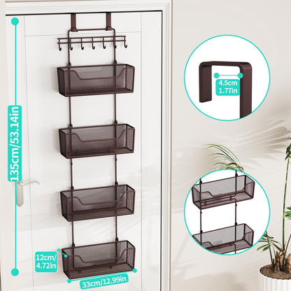 HapiRm Over The Door Organizer - Hanging Door Organizer with 4 Metal Large Capacity Baskets and Adjustable Coat Hook for Bathroom Bedroom Kitchen Pantry Closet Cabinet