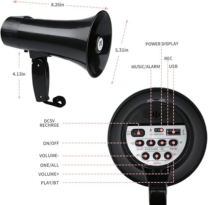 20 Watt Rechargeable Megaphone Bullhorn with Siren and 240s Recording, BT and USB Input, Megahone Speaker with Power Display and Portable Strap (Black)