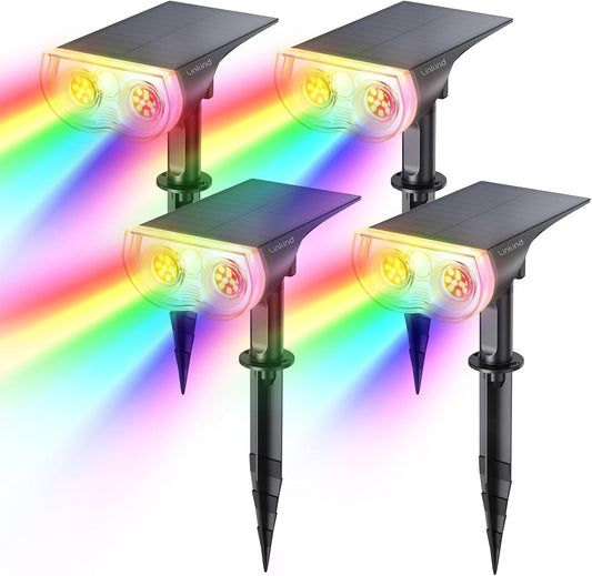 Linkind Solar Lights Outdoor Waterproof IP67, StarRay RGB Solar Spot Lights Outdoor, Color Changing Outdoor Solar Lights for Yard, Garden, Pathway, Decorations (Multicolor, 4 Pack)