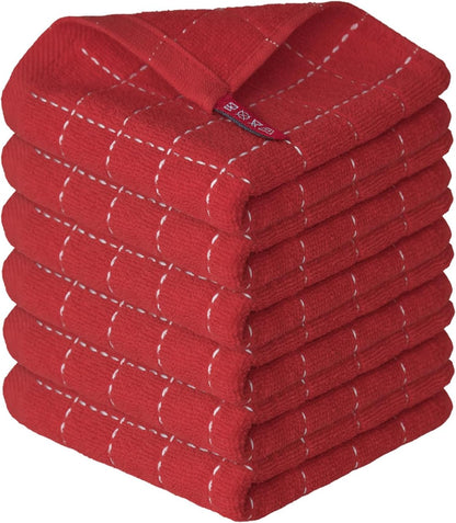 Artoid Mode Checkered Designed Cotton Red Terry Kitchen Dish Cloths, 12x12 Inch Soft Absorbent Quick Drying Cleaning Kitchen Rags Set of 6