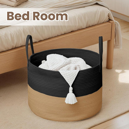 Woven Blanket Basket,65L Large Rope Storage Bin with Handles, Organizer for Blankets Toys Book and Clothes, Laundry Basket for Living Room Bedroom Nursery,Black&Jute