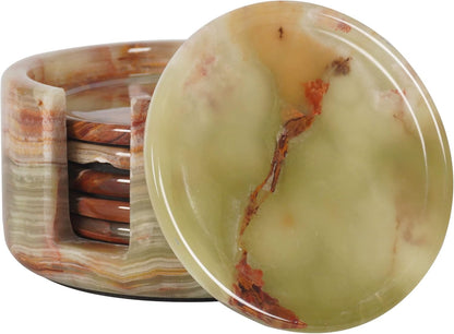 Marble Coasters Set of 6 Green Onyx 3.5 Inch Round Coaster for Drinks with Holder, Drink Coaster for Tabletop & Coffee Table Decor, Ideal Home Decor House Warming Gifts