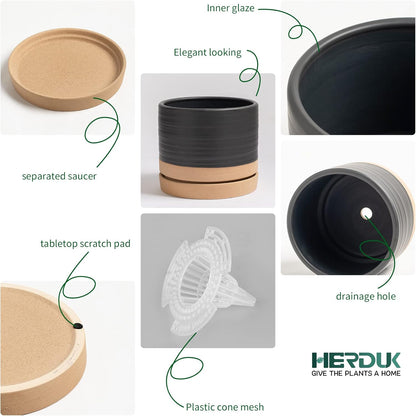6 Inch Plant Pots, Ceramic Planter Pot with Drainage Hole & Saucer, Indoor/Outdoor Cylinder Round Planter Pot, Matte Black & Brown