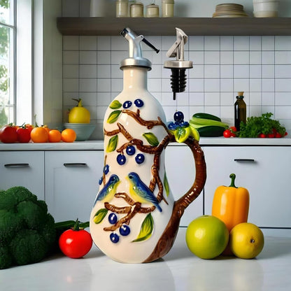 18 Oz Hand Painted Relief Ceramic Olive Oil Bottle Dispenser for Kitchen, Oil and Vinegar Bottle, Seasoning Bottle with Stainless Steel Nozzle, 540mL Oil Container with Handle for Cooking, Light Proof