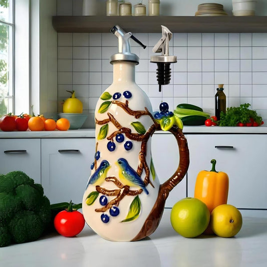 18 Oz Hand Painted Relief Ceramic Olive Oil Bottle Dispenser for Kitchen, Oil and Vinegar Bottle, Seasoning Bottle with Stainless Steel Nozzle, 540mL Oil Container with Handle for Cooking, Light Proof
