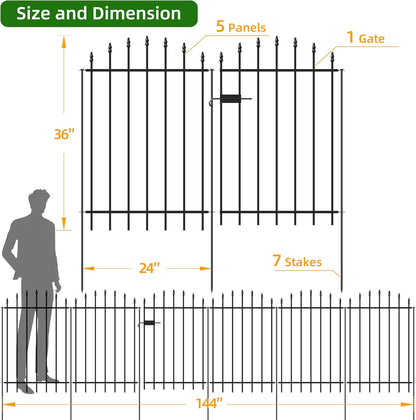 Metal Garden Fence with Gate 36 in H x 12 ft L, 1 Gate + 5 Panels Border Dog Fence Panels Animal Barrier, No Dig Garden Fencing for Yard Patio Flower Bed Lawn Outdoor, Arch Black
