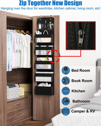 Over Door Organizer, 6 Shelf Camper Storage for RV Bathroom, Behind The Door Storage, Hanging Organizers for Toy Diaper Bedroom Closet (Black)