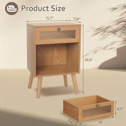 AWASEN Mid Century Nightstand, Bedside Table with Glass Storage Drawer and Large Open Shelf, Modern Night Stand Side End Table with Solid Legs for Bedroom, and Small Space, Brown