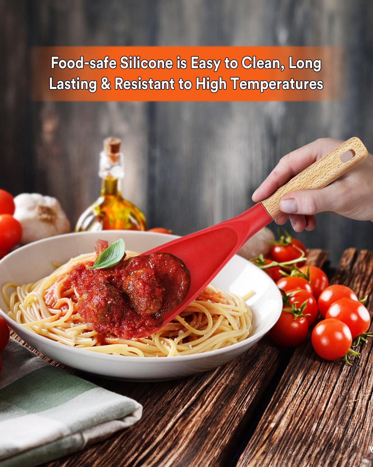 Cooking Spoon for Nonstick Cookwares, Great for Cooking and Serving Sturdy BPA-Free Matte Silicone, Wood Handle Spoon for Mixing, Scoop, and Scrape (AGR, 11.4 inch)